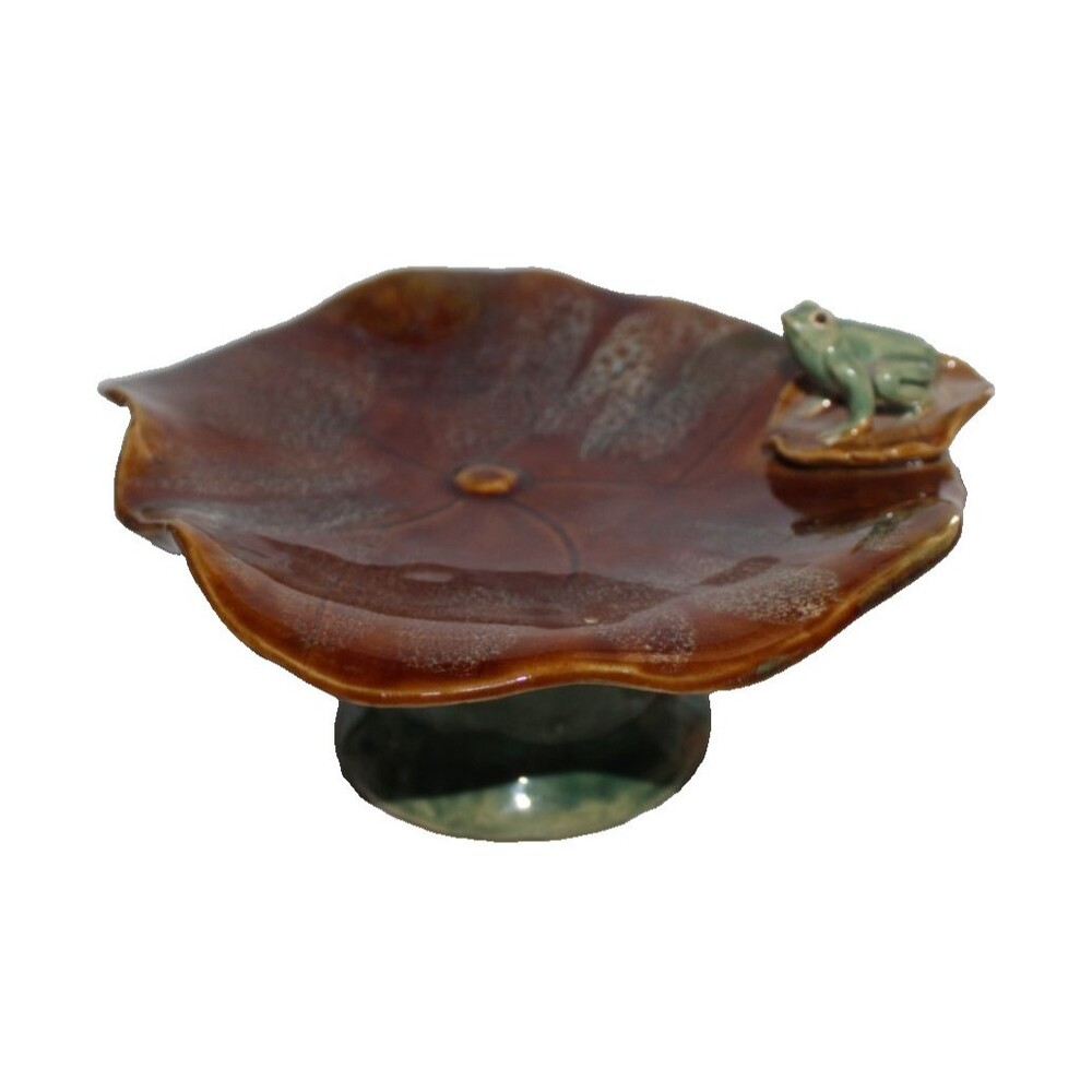 Vintage Brown Glazed Ceramic Lily Pad Dish with Figural Frog Accent
